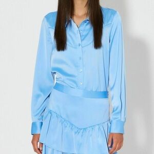 Something New Women's Long Sleeve Button-Up Satin Shirt Blue Size M Western